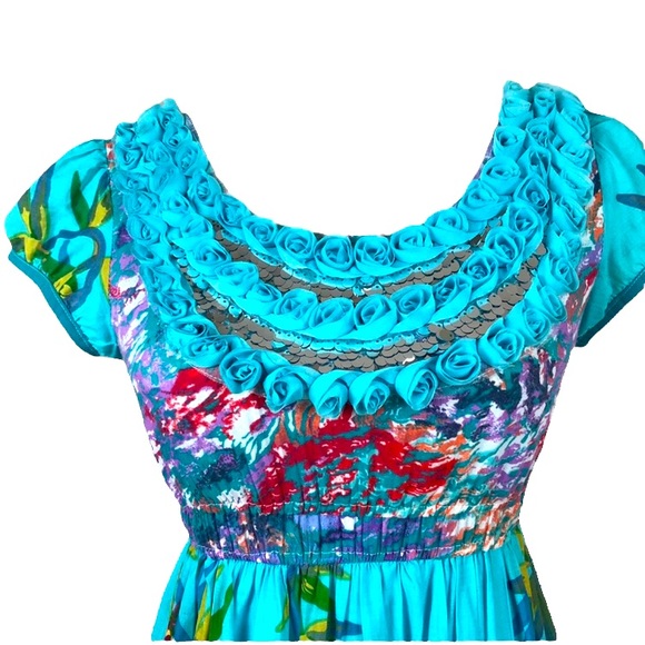 MIWACICI Tropical Patterned Floral & Sequin Baby Doll Dress size S - Picture 2 of 12
